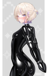  absurdres armbinder arms_behind_back ass black_bodysuit blonde_hair blush bodysuit bondage bound bound_arms breasts female highres hololive latex latex_bodysuit looking_at_viewer maguro27 multicolored_hair paid_reward_available purple_eyes purple_hair shiny_clothes skin_tight small_breasts solo todoroki_hajime two-tone_hair virtual_youtuber 