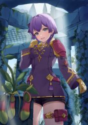  bernadetta_von_varley bernadetta_von_varley_(timeskip) black_shorts blush breasts dress earrings female fire_emblem fire_emblem:_three_houses gloves grey_eyes hair_ornament highres jewelry long_sleeves medium_breasts mugitoro_(dsfv2277) open_mouth plant potted_plant pouch purple_dress purple_eyes purple_hair short_hair shorts smile solo thigh_pouch thighs yellow_gloves 