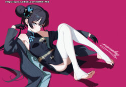  absurdres black_dress black_gloves black_hair black_nails blue_archive breasts bridal_legwear china double_bun dress female full_body gloves grey_eyes hair_bun highres jacket kisaki_(blue_archive) long_hair long_sleeves momobug22 nail_polish no_shoes open_clothes open_jacket red_background simple_background small_breasts solo thighhighs toenail_polish toenails twintails very_long_hair white_thighhighs 