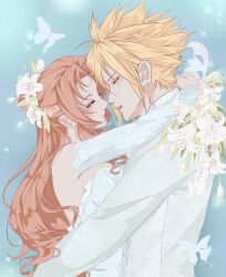  1boy aerith_gainsborough arms_around_neck arms_around_waist blonde_hair blue_background breasts bride brown_hair bug butterfly cloud_strife couple detached_sleeves dress earrings female final_fantasy final_fantasy_vii flower groom hair_between_eyes hair_flower hair_ornament half-closed_eyes half_updo highres husband_and_wife imminent_kiss jacket jewelry lily_(flower) looking_at_another medium_breasts parted_bangs parted_lips shanlieart sidelocks signature single_earring smile spiked_hair straight strapless strapless_dress suit_jacket upper_body wavy_hair wedding_dress white_dress white_flower white_jacket white_sleeves 