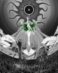  black_souls breasts commentary_request dark_background despair evil_smile fairy female green_hair green_leotard green_wings greyscale hand_up highres leaf_(black_souls) leotard long_hair monochrome multiple_others open_mouth partially_colored reaching small_breasts smile wings zanmu_no_sora 