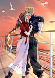  1boy absurdres aerith_gainsborough aqua_eyes armor baggy_pants bandaged_arm bandages bangle belt bird black_gloves black_pants blonde_hair blue_shirt boots bracelet braid braided_ponytail breasts brown_belt brown_boots brown_hair choker cloud_strife couple cropped_jacket dress feet_out_of_frame female final_fantasy final_fantasy_vii final_fantasy_vii_rebirth final_fantasy_vii_remake flock gloves green_eyes hair_ribbon hand_on_another&#039;s_waist highres holding_hands interlocked_fingers jacket jewelry long_dress long_hair looking_at_another medium_breasts multiple_belts pants parted_bangs parted_lips pauldrons pink_dress pink_ribbon railing red_jacket ribbon ribbon_choker shirt short_hair short_sleeves shoulder_armor sidelocks single_bare_shoulder single_braid single_pauldron sleeveless sleeveless_turtleneck spiked_hair straight sunset suspenders turtleneck vendobear 