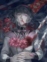  absurdres akemi_homura black_capelet black_hair blood bow bowtie capelet collared_capelet disembodied_hand dress female flower gem hair_ribbon hair_spread_out hairband hand_jewel high_collar highres holding holding_flower jewelry layered_sleeves long_hair long_sleeves looking_at_viewer lying magical_girl mahou_shoujo_madoka_magica mahou_shoujo_madoka_magica_(anime) nosebleed on_back parted_lips pink_flower pink_lips purple_bow purple_bowtie purple_capelet purple_eyes purple_gemstone red_hairband red_ribbon ribbon ring skeletal_hand solo spider_lily two-tone_capelet upper_body wavy_hair white_dress yuan_a_zi_a 