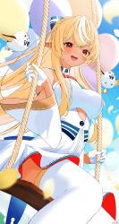  absurdres back_bow balloon bizusuhatu123 blonde_hair blue_sky bow bow_skirt bowtie breasts commentary_request cutout_above_navel dark-skinned_female dark_skin detached_collar detached_sleeves elf elfriend_(shiranui_flare) female gloves hairbow half_gloves halter_shirt halterneck high_ponytail highres hololive large_bow large_breasts long_hair looking_at_viewer miniskirt multicolored_hair open_mouth orange_eyes pleated_skirt pointy_ears red_bow red_bowtie red_eyes shiranui_flare shiranui_flare_(1st_costume) shirt sidelocks sitting skirt skirt_set sky solo streaked_hair swing teeth thighhighs upper_teeth_only virtual_youtuber white_gloves white_shirt white_skirt white_sleeves white_thighhighs wide_sleeves 