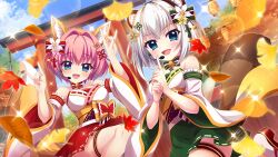  2girls animal_ear_fluff animal_ear_hairband animal_ears autumn autumn_leaves bell blue_eyes blue_sky blurry blurry_foreground bow bow_flower breasts cloud day detached_sleeves dot_nose double_fox_shadow_puppet dutch_angle fake_animal_ears fake_tail falling_leaves film_grain flower fox_ears fox_shadow_puppet fox_tail game_cg green_bow green_skirt hair_ornament hairband hairbow hands_up head_tilt headset high_heels hiiragi_kae index_finger_raised izumi_tsubasu japanese_clothes kimono kuji-in lantern large_breasts leaf lens_flare looking_at_viewer matching_outfits multiple_girls neck_bell nishidate_haku non-web_source obi official_art open_mouth outdoors paper_lantern pink_flower pink_hair raccoon_ears raccoon_tail re:stage! red_bow red_footwear red_skirt sandals sash short_hair skirt sky small_breasts smile socks sparkle standing standing_on_one_leg strapless_kimono striped_bow tail torii white_flower white_hair white_kimono white_sleeves white_socks yellow_flower 