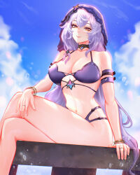  adapted_costume alternate_costume arm_on_knee arm_strap bare_legs bare_shoulders bikini black_choker black_swan_(honkai:_star_rail) blue_sky bracelet breasts choker cleavage closed_mouth collarbone commentary crossed_legs day english_commentary feet_out_of_frame female hair_between_eyes highres honkai:_star_rail honkai_(series) jewelry large_breasts linea_alba long_hair looking_at_viewer mcdobo navel orange_eyes outdoors purple_bikini purple_hair purple_veil ring sidelocks sitting sky smile solo stomach swimsuit very_long_hair 