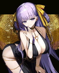  bb_dubai_(fate) black_dress braided_hair_rings breasts chains chef_no_kimagure_salad cleavage commentary_request dress fate/grand_order fate_(series) female gold gold_chain hair_ribbon highres large_breasts leaning_forward long_hair looking_at_viewer purple_eyes purple_hair red_nails ribbon smile solo standing very_long_hair yellow_ribbon 