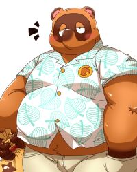  2024 4:5 absurd_res animal_crossing anthro belly big_belly blush bottomwear brown_body brown_fur canid canine clothing debudave_12 fur hi_res kemono male mammal money_bag nintendo overweight overweight_male pants raccoon_dog shirt simple_background solo tanuki tom_nook_(animal_crossing) topwear white_background 