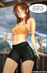  :&lt; animal arm_support ass_visible_through_thighs bandaid bandaid_on_arm bike_shorts black_shorts blue_eyes blush breasts brooke_(mleth) brown_hair closed_mouth commentary cowboy_shot crop_top english_commentary english_text female freckles furrowed_brow giraffe highres long_hair looking_at_viewer medium_breasts mleth navel no_bra original outdoors overcast paid_reward_available rain see-through shorts sky sleeveless solo speech_bubble standing tank_top tree water_drop web_address wet wet_clothes wet_hair zoo 