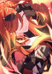  absurdres ahoge black_bikesuit black_gloves breasts cleavage earrings female genshin_impact gloves highres jewelry long_hair looking_at_viewer mavuika_(genshin_impact) multicolored_hair open_mouth orange_eyes orange_hair red_hair sharonda smile solo sun-shaped_pupils sunglasses symbol-shaped_pupils two-tone_hair very_long_hair 