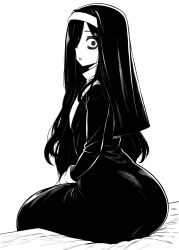  absurdres ass bags_under_eyes closed_mouth coif commentary dress english_commentary female gloves greyscale highres long_hair looking_back lughost monochrome nun scar scar_on_face scar_on_mouth simple_background sitting solo the_ring white_background wide-eyed yamamura_sadako 