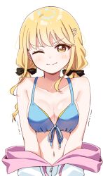  bikini black_ribbon blonde_hair blue_bikini braid breasts collarbone commentary female fujita_kotone gakuen_idolmaster hair_ornament hair_ribbon haru_(konomi_150) highres idolmaster jacket light_blush long_hair looking_at_viewer medium_breasts one_eye_closed partially_open_jacket ribbon simple_background solo swimsuit trembling twin_braids two-sided_fabric two-sided_jacket white_background white_jacket yellow_eyes 