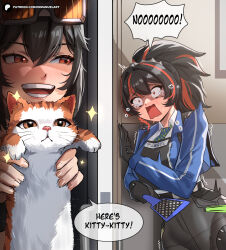  2girls black_hair black_pants blue_jacket blush breasts collared_shirt crying door english_commentary english_text enma_(enmanuelart) feline goggles goggles_on_head grace_howard here&#039;s_johnny!_(meme) high-waist_pants highres jacket large_breasts long_hair long_sleeves medium_hair meme metal_hairband multicolored_hair multiple_girls necktie open_mouth orange_eyes orange_hair pants parody police police_uniform ponytail shirt sidelocks smile speech_bubble streaked_hair the_shining tight_clothes tight_pants uniform white_shirt zenless_zone_zero zhu_yuan 