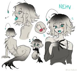  aqua_eyes aqua_tongue bare_shoulders female grey_shirt highres looking_at_viewer mermaid monster_girl multiple_views off-shoulder_shirt off_shoulder open_mouth original ringed_eyes sharp_teeth shirt short_hair simple_background spikes teeth tongue tongue_out white_background white_hair wo_habum 