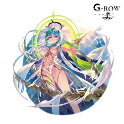  braid breast_curtain breasts cassius_(phantom_of_the_kill) chains cloak closed_mouth female green_hair halo highres holding holding_polearm holding_weapon looking_at_viewer official_alternate_costume official_art orange_hair outstretched_arm phantom_of_the_kill polearm shibuhiko short_shorts shorts simple_background single_thighhigh smile socks solo spear thighhighs thighs underboob weapon white_background white_cloak white_socks 