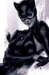  armpit_cutout batman_(series) black_bodysuit black_gloves black_mask bodysuit breasts catwoman clothing_cutout dc_comics female gloves highres holding holding_whip looking_at_viewer medium_breasts selina_kyle signature solo stanley_lau upper_body 