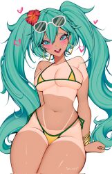  aqua_eyes aqua_hair ark_evil02 bikini blush brazilian_miku breasts cowboy_shot crop_top dark-skinned_female dark_skin eyewear_on_head female flower hair_between_eyes hair_flower hair_ornament hatsune_miku heart hibiscus highres jewelry large_breasts long_hair looking_at_viewer medium_bangs midriff navel open_mouth red_flower round_teeth shirt short_sleeves simple_background sitting smile solo sunglasses swimsuit tan tanlines teeth tied_shirt twintails upper_teeth_only very_long_hair vocaloid white-framed_eyewear white_background yellow_bikini 