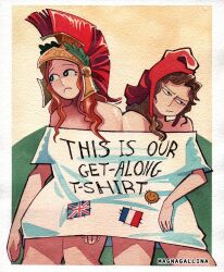  2girls artist_name black_eyes blue_eyes breasts brown_hair clothes_writing commentary commission english_text french_flag frown hat helmet highres magnagallina medium_breasts multiple_girls orange_hair original shared_shirt union_jack 