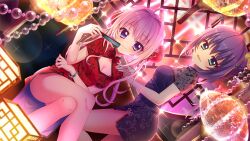  2girls aqua_eyes beads blonde_hair blue_dress blue_eyes blue_hair blurry blurry_foreground bracelet breasts bun_cover china_dress chinese_clothes cleavage_cutout closed_mouth clothing_cutout crossed_legs dot_nose double_bun dress dutch_angle film_grain floral_print folding_fan game_cg green_bracelet hair_bun hand_fan hand_on_another&#039;s_shoulder head_tilt holding holding_fan honjou_kasumi izumi_tsubasu jewelry lantern lens_flare long_hair looking_at_viewer medium_breasts medium_hair mole mole_under_each_eye mole_under_eye multiple_girls multiple_moles non-web_source official_art open_mouth print_dress re:stage! red_dress shiratori_amaha_(re:stage!) side_slit smile sparkle 