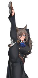  animal_ears black_jacket black_pants blue_eyes ear_ornament female fukuro_(maruaru00) gloves grey_hair highres horse_ears horse_girl horse_tail jacket long_hair military_uniform pants perry_steam_(umamusume) solo split standing standing_on_one_leg standing_split tail umamusume umamusume:_beginning_of_a_new_era uniform v 