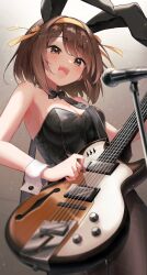  :d absurdres animal_ears artist_name black_bow black_bowtie black_leotard bow bowtie breasts brown_eyes brown_hair cleavage commentary_request detached_collar fake_animal_ears female guitar_strap hairband highres instrument leotard mani_(manidrawings) medium_breasts medium_hair microphone microphone_stand music official_alternate_costume open_mouth pantyhose playboy_bunny playing_guitar playing_instrument rabbit_ears ribbon singing smile solo strapless strapless_leotard suzumiya_haruhi suzumiya_haruhi_no_yuuutsu teeth tongue twitter_username upper_teeth_only watermark white_wrist_cuffs wrist_cuffs yellow_hairband yellow_ribbon 