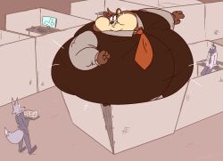  anthro avian beak belly bodily_fluids body_inflation brown_body brown_fur canid canine canis clothed clothing computer_monitor cubicle desk expansion feathers flying_sweatdrops fur furniture grey_body grey_fur group hi_res holding_object inflation inside kikatsu leaning leaning_backward male mammal motion_lines mustelid necktie office otter solo_focus standing stuck surprise sweat sweatdrop swollen_cheeks table tight_clothing trio wolf worried 
