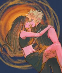  1boy artist_name bare_arms bare_legs bare_shoulders black_hair black_pants black_skirt black_sports_bra black_sweater blonde_hair blue_eyes breasts carrying cloud_strife commentary couple crop_top eye_contact feet_out_of_frame female final_fantasy final_fantasy_vii final_fantasy_vii_rebirth final_fantasy_vii_remake hand_on_another&#039;s_shoulder hand_on_another&#039;s_thigh hand_on_another&#039;s_waist highres leaning_forward light_blush lips long_hair looking_at_another medium_breasts midriff navel pants parted_lips princess_carry profile red_eyes ribbed_sweater short_hair signature skirt sleeveless sleeveless_turtleneck spiked_hair sports_bra sweater symbol-only_commentary tifa_lockhart turtleneck turtleneck_sweater xainaa 