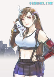  animal animal_on_shoulder bare_shoulders black_gloves black_skirt black_sports_bra bracelet breasts brown_hair closed_mouth commentary_request cowboy_shot crop_top earrings elbow_gloves feline female final_fantasy final_fantasy_vii final_fantasy_vii_remake fingerless_gloves gloves grey_background hand_on_own_hip jewelry large_breasts long_hair looking_at_viewer maru_(ff7) materia midriff miniskirt navel pleated_skirt red_eyes single_arm_guard single_earring skirt smile sports_bra stargeyser suspender_skirt suspenders swept_bangs tank_top tifa_lockhart twitter_username white_cat white_tank_top 