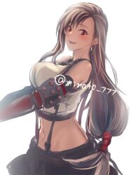  bare_shoulders black_gloves black_hair black_skirt black_sports_bra blush breasts commentary_request crop_top earrings elbow_gloves female final_fantasy final_fantasy_vii final_fantasy_vii_rebirth final_fantasy_vii_remake gloves jewelry large_breasts long_hair looking_at_viewer low-tied_long_hair midriff minato_(ct_777) navel open_mouth red_eyes single_arm_guard single_earring skirt smile solo sports_bra suspender_skirt suspenders tank_top tifa_lockhart twitter_username upper_body white_background white_tank_top 