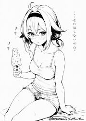  alternate_hair_length alternate_hairstyle breasts camisole cleavage commentary_request dolphin_shorts female food hair_flaps hairband kantai_collection low_twintails mae_(maesanpicture) medium_breasts monochrome official_alternate_hairstyle popsicle shiratsuyu_(kancolle) shiratsuyu_kai_ni_(kancolle) short_hair shorts solo spaghetti_strap translation_request twintails twitter_username 