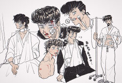  1boy absurdres aqua_eyes arm_sling bandage_on_face bandaged_arm bandaged_neck bandages bandaid bandaid_on_face bed black_jacket blood blood_on_face broken_arm cast diamond_wa_kudakenai flat_color gakuran grimace heart higashikata_josuke highres hospital hospital_bed hospital_gown intravenous_drip iv_stand jacket jojo_no_kimyou_na_bouken licking_lips male_focus multiple_views nosebleed open_mouth pants partially_colored peace_symbol pompadour school_uniform shirt short_hair slippers t_0nd tongue tongue_out white_eyes 