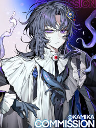  anime_screenshot backlighting blending braid coat constricted_pupils dark_background disdain female frilled_sleeves frills gloves glowing glowing_eyes grey_hair hair_ornament hair_over_one_eye high_collar highres jewelry kamika light_particles line_art long_hair long_sleeves looking_at_viewer messy_hair multicolored_hair neck_ruff original parted_bangs pendant portrait purple_eyes purple_hair serious shirt sidelocks single_braid sleeve_cuffs solo_focus sparkle tentacle two-tone_hair upper_body vignetting 