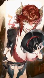  absurdres black_chaps black_choker black_gloves black_hat black_jacket black_nails black_shorts breasts choker cleavage commentary dragon_girl dragon_horns female fingerless_gloves gloves hand_on_own_hip hat highres holding holding_unworn_clothes holding_unworn_hat holster horns jacket jewelry large_breasts looking_at_viewer nail_polish open_mouth red_hair red_shirt ring shirt short_hair short_shorts shorts single_glove sleeplessrhythm smile solo symbol-only_commentary thigh_holster unworn_hat unworn_headwear virtual_youtuber vshojo yellow_eyes zentreya zentreya_(dragon) zentreya_(dragon)_(outlaw) 
