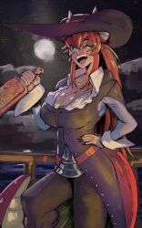  absurdres alternate_costume black_pants black_sky bottle boutsoftheblind breasts cleavage closed_eyes dragon_girl dragon_horns dragon_tail female hand_on_own_hip hat highres holding holding_bottle horns large_breasts long_hair night night_sky open_mouth pants pirate_hat red_hair sky smile solo star_(sky) starry_sky tail teeth upper_teeth_only very_long_hair virtual_youtuber vshojo zentreya zentreya_(dragon) 