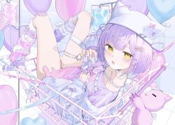  absurdres aki_uzuki3 animal_hat balloon bandaid bandaid_on_leg blush bow cardigan cat_hat chest_harness choker commentary creature female full_body gauze_on_knee grey_cardigan hair_ornament hairbow hairclip harness hat highres iv_stand jewelry leg_warmers looking_at_viewer multicolored_hair necklace open_mouth purple_hair purple_shirt shinomiya_runa shinomiya_runa_(4th_costume) shirt shoes shopping_cart solo streaked_hair t-shirt thigh_strap two-tone_hair virtual_youtuber vspo! white_choker white_hair white_hat yellow_eyes 