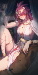  absurdres animal arm_up belt blush bracelet breasts bright_pupils cape cleavage cleavage_cutout closed_mouth clothing_cutout collarbone commentary crown cup dress drunk epic_seven female glass gold_belt gold_bracelet gold_crown gootai hair_over_one_eye highres holding holding_cup jewelry large_breasts lion lionheart_cermia_(epic_seven) long_hair one_eye_covered petals red_eyes red_hair red_petals sideboob sidelocks sitting sleeveless sleeveless_dress solo thigh_strap white_cape white_dress white_pupils 