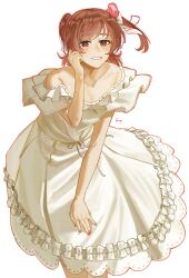  \||/ adjusting_hair aijou_karen artist_name bare_shoulders brown_eyes brown_hair collarbone commentary cowboy_shot dress dress_ribbon female fingernails floating_hair flower frilled_dress frills grin hair_flower hair_ornament hair_ribbon hand_on_own_face hand_up highres leaning_forward ling_(chaaaaanhikari) looking_at_viewer medium_hair off-shoulder_dress off_shoulder official_alternate_costume outline pink_flower red_nails red_outline ribbon shoujo_kageki_revue_starlight simple_background smile solo swept_bangs two_side_up waist_ribbon white_background white_dress white_ribbon 