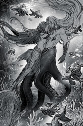  1boy aerith_gainsborough air_bubble armor breasts bubble closed_eyes closed_mouth coral dated female final_fantasy final_fantasy_vii fins fish flower gills greyscale hair_flower hair_ornament head_fins highres hug kay-i long_bangs long_hair mermaid merman monochrome monster_boy monster_girl monsterification octopus_boy parted_bangs pointy_ears scales sephiroth twitter_username underwater 