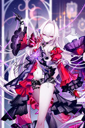  artist_name black_bow black_choker black_gloves black_shorts blurry blurry_background bow candlestand choker cup drinking_glass feet_out_of_frame female frilled_sleeves frills gloves groin hair_intakes highres holding holding_cup holding_sewing_needle honkai_(series) honkai_impact_3rd juliet_sleeves long_hair long_sleeves mannequin micro_shorts navel needle puffy_sleeves purple_eyes sewing_needle sheya shorts signature single_thighhigh solo standing thelema_nutriscu thigh_strap thighhighs very_long_hair white_hair wide_sleeves wine_glass 
