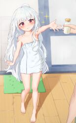  absurdres after_bathing ahoge arm_at_side bare_arms bare_legs bare_shoulders barefoot blush bottle breasts closed_mouth collarbone eyelashes female full_body giving highres karen_neco long_hair looking_at_another milk_bottle naked_towel original outstretched_arm red_eyes small_breasts smile solo_focus sparkle standing towel very_long_hair wavy_hair white_hair wooden_floor 