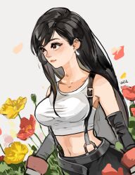  bare_shoulders belt black_gloves black_hair black_skirt breasts brown_eyes closed_mouth commentary_request crop_top earrings elbow_gloves female final_fantasy final_fantasy_vii flower gloves grey_background hair_behind_ear highres jewelry large_breasts lips long_hair midriff navel pink_lips red_flower red_gloves single_earring single_sidelock skirt solo suspender_skirt suspenders tank_top tifa_lockhart upper_body uzutanco white_tank_top yellow_flower 