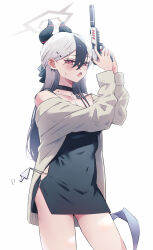  absurdres black_choker black_dress black_hair black_horns black_nails blue_archive blush brown_jacket choker commentary_request contrapposto cursor demon_horns dress ear_piercing female furrowed_brow grey_hair gun h&amp;k_p30 hair_between_eyes halo handgun highres holding holding_gun holding_weapon horns jacket kayoko_(blue_archive) kayoko_(dress)_(blue_archive) kinukinu_otofu long_hair long_sleeves looking_at_viewer mole mole_on_neck multicolored_hair official_alternate_costume official_alternate_hairstyle open_mouth piercing red_eyes simple_background single_wing solo standing suppressor sweat trigger_discipline two-tone_hair weapon white_background wings 