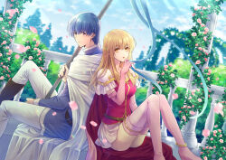  1boy anklet arch armor back-to-back belt blonde_hair blue_eyes blue_hair blue_sky boots breasts bush cape closed_mouth day elbow_gloves falling_petals feet_out_of_frame female finn_(fire_emblem) fire_emblem fire_emblem:_genealogy_of_the_holy_war floral_arch flower frilled_sleeves frills gloves hand_up holding holding_polearm holding_weapon jewelry knees_together_feet_apart lachesis_(fire_emblem) leg_up long_hair medium_breasts outdoors pants petals pillar pink_boots pink_cape pink_flower pink_gloves pink_petals plant polearm short_hair shoulder_armor sitting skirt sky thigh_boots thighs toriko_momomo tree weapon white_armor white_cape white_pants white_skirt yellow_eyes 