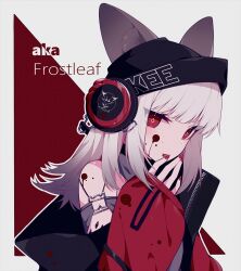  aka_kan animal_ear_fluff animal_ears arknights black_hat blood blood_on_clothes blood_on_face bright_pupils character_name diamond-shaped_pupils diamond_(shape) eyes_visible_through_hair female fox_ears frostleaf_(arknights) hat headphones jacket jacket_partially_removed licking licking_finger long_hair long_sleeves originium_(arknights) red_jacket red_nails sleeves_past_wrists solo symbol-shaped_pupils upper_body white_hair white_pupils zipper 