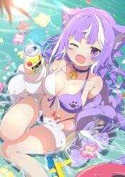  ;d absurdres animal_ear_fluff animal_ears arm_support bare_shoulders bell bikini bikini_under_clothes blush breasts can cat_ears cat_girl cleavage collar collarbone commission crab day female flower from_above front-tie_bikini_top front-tie_top halterneck highleg highleg_bikini highres holding holding_can innertube jacket jingle_bell large_breasts layered_bikini long_hair long_sleeves looking_at_viewer medium_breasts mismatched_bikini multicolored_bikini multicolored_hair navel neck_bell oerba_yun_fang off_shoulder one_eye_closed open_clothes open_fly open_jacket open_mouth open_shorts original outdoors partially_submerged petals petals_on_liquid purple_bikini purple_collar purple_eyes purple_hair purple_jacket shiro9jira short_eyebrows short_shorts shorts sitting skeb_commission skin_fang smile solo starfish streaked_hair string_bikini swim_ring swimsuit thick_eyebrows thighs two-tone_bikini two-tone_hair virtual_youtuber water water_gun wet white_bikini white_hair white_jacket white_shorts yellow_flower 