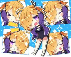  &gt;_&lt; :d ^_^ absurdres ahoge arm_up bare_legs barefoot black_one-piece_swimsuit blue_background blush brown_hair chibi closed_eyes commentary_request covered_navel drawstring facing_viewer female grin hair_over_one_eye highres hood hood_down hooded_jacket jacket long_sleeves milkpanda multiple_views o3o old_school_swimsuit one-piece_swimsuit one_piece open_clothes open_jacket outline polka_dot polka_dot_background puffy_long_sleeves puffy_sleeves purple_eyes purple_jacket school_swimsuit short_eyebrows sleeves_past_wrists smile sparkle swimsuit swimsuit_under_clothes thick_eyebrows two-tone_background vegapunk_lilith white_background white_outline 