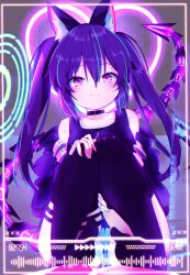  absurdres animal_ear_fluff animal_ears bare_shoulders belt_collar black_choker black_jacket black_thighhighs blue_hair blush choker closed_mouth collar collarbone commission feet female glitch hair_between_eyes hands_on_own_knees highres jacket knees_up long_hair looking_at_viewer mechanical_tail multicolored_hair neon_lights no_shoes off_shoulder one-piece_swimsuit open_clothes open_jacket original panties pantyshot pink_eyes purple_eyes purple_hair purple_jacket school_swimsuit shiro9jira sitting skeb_commission smile solo streaked_hair striped_clothes striped_panties swimsuit tail thighhighs twintails underwear 