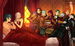  4girls 5boys armor bed_sheet bernadetta_von_varley bernadetta_von_varley_(timeskip) birthday_cake black_hair blue_hair cake candle caspar_von_bergliez caspar_von_bergliez_(timeskip) closed_eyes commentary covering_another&#039;s_eyes curtains dark-skinned_female dark_skin dorothea_arnault dorothea_arnault_(timeskip) edelgard_von_hresvelg edelgard_von_hresvelg_(timeskip) embarrassed english_commentary ferdinand_von_aegir ferdinand_von_aegir_(timeskip) fire_emblem fire_emblem:_three_houses food giving_up_the_ghost green_hair height_difference highres hubert_von_vestra hubert_von_vestra_(timeskip) indoors linhardt_von_hevring linhardt_von_hevring_(timeskip) long_hair lying male_byleth_(fire_emblem) multiple_boys multiple_girls muscular muscular_male naked_sheet on_bed orange_hair pauldrons petra_macneary petra_macneary_(timeskip) profile purple_hair sethkiel short_hair shoulder_armor straight wavy_hair white_hair window 