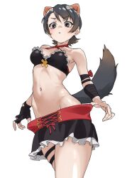  bare_shoulders black_hair black_skirt breasts brown_eyes brown_hair commentary cowboy_shot extra_ears female frilled_skirt frills gradient_hair groin highres kemono_friends looking_at_viewer medium_breasts miniskirt multicolored_hair navel short_hair simple_background skirt solo stomach tanabe_(fueisei) tasmanian_devil_(kemono_friends) tasmanian_devil_ears tasmanian_devil_tail thigh_strap white_background wrist_wrap 