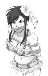  bound breasts cleavage female final_fantasy final_fantasy_vii final_fantasy_vii_rebirth final_fantasy_vii_remake flower gag gagged greyscale hair_flower hair_ornament highres improvised_gag looking_at_viewer lost_one_zero monochrome solo swimsuit tape tape_bondage tape_gag tifa_lockhart tifa_lockhart_(shining_spirit) 